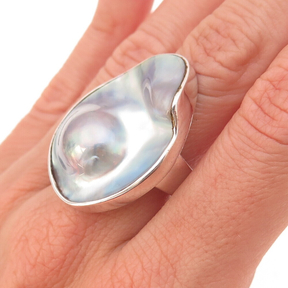 Starborn 925 Sterling Silver Vintage Real Blister Pearl Modernist Ring Size 8.5 - Picture 2 of 8
